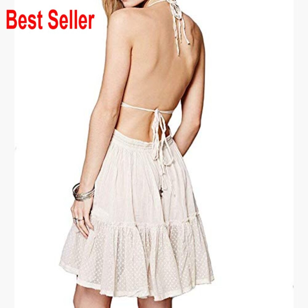 Polyester Mesh Deep V Neck Backless Mini Dress Wi… - image 3
